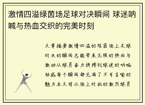 激情四溢绿茵场足球对决瞬间 球迷呐喊与热血交织的完美时刻