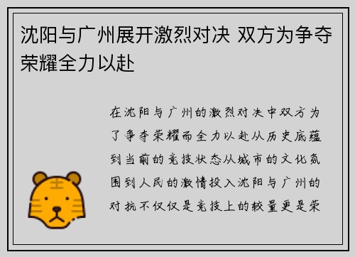 沈阳与广州展开激烈对决 双方为争夺荣耀全力以赴