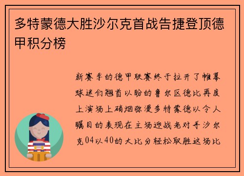 多特蒙德大胜沙尔克首战告捷登顶德甲积分榜