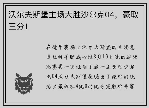 沃尔夫斯堡主场大胜沙尔克04，豪取三分！