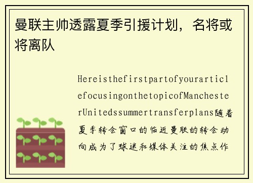 曼联主帅透露夏季引援计划，名将或将离队