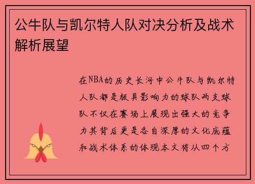 公牛队与凯尔特人队对决分析及战术解析展望