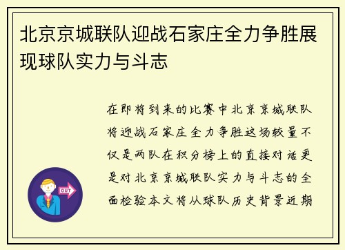 北京京城联队迎战石家庄全力争胜展现球队实力与斗志