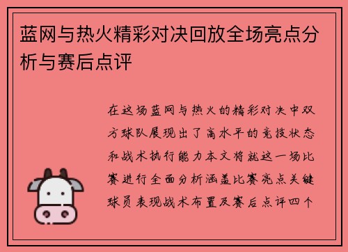 蓝网与热火精彩对决回放全场亮点分析与赛后点评