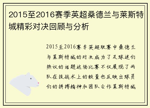 2015至2016赛季英超桑德兰与莱斯特城精彩对决回顾与分析