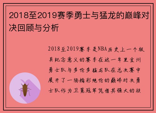 2018至2019赛季勇士与猛龙的巅峰对决回顾与分析