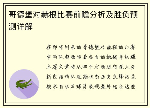 哥德堡对赫根比赛前瞻分析及胜负预测详解