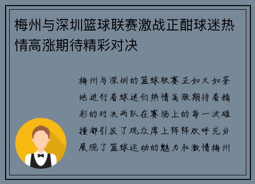 梅州与深圳篮球联赛激战正酣球迷热情高涨期待精彩对决