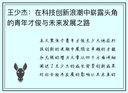 王少杰：在科技创新浪潮中崭露头角的青年才俊与未来发展之路