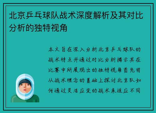 北京乒乓球队战术深度解析及其对比分析的独特视角