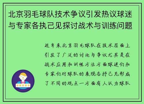北京羽毛球队技术争议引发热议球迷与专家各执己见探讨战术与训练问题 - 副本